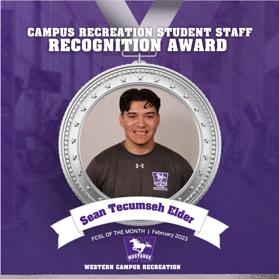 Image of Sean Tecumseh Elder inside of silver medal award and a purple mustangs background